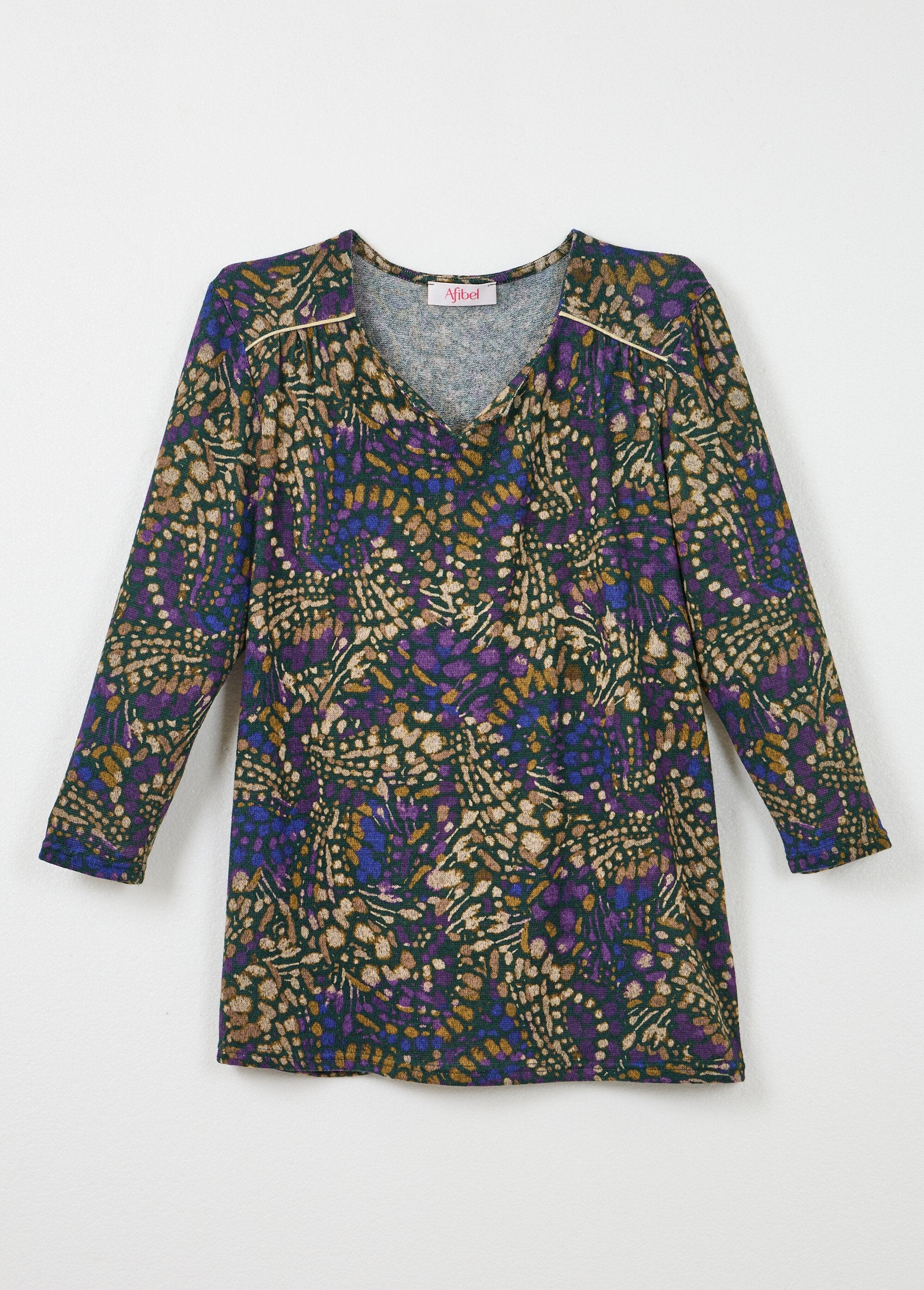 Camiseta_larga_acampanada_con_mangas_3/4_y_estampado_tachas_Morado_y_beige_AP1_slim